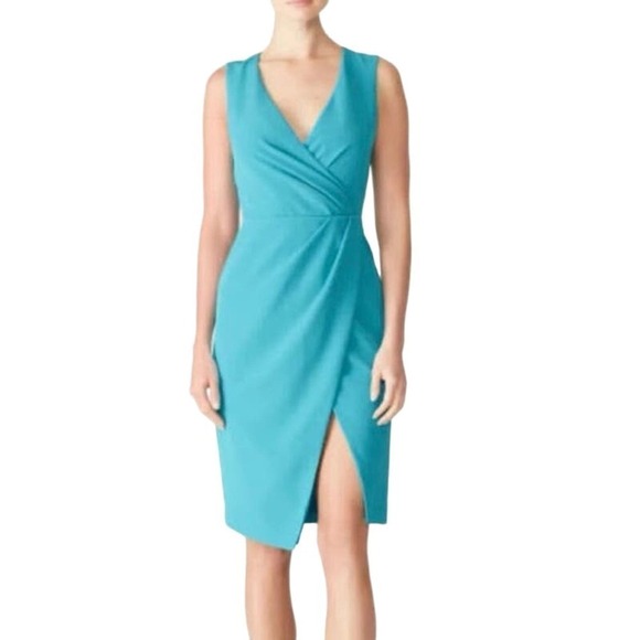 BLACK HALO Nora Teal Blue Sleeveless Sheath Faux Wrap Dress - Sz 10 - Picture 1 of 6